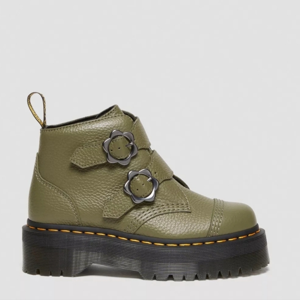 Dr. Martens Devon Flower Buckle Platform Boots in Khaki Green - Picture 3 of 8